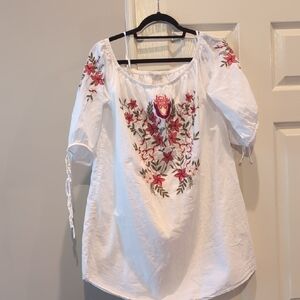 Hinge White Blouse with Red Floral Embroidery